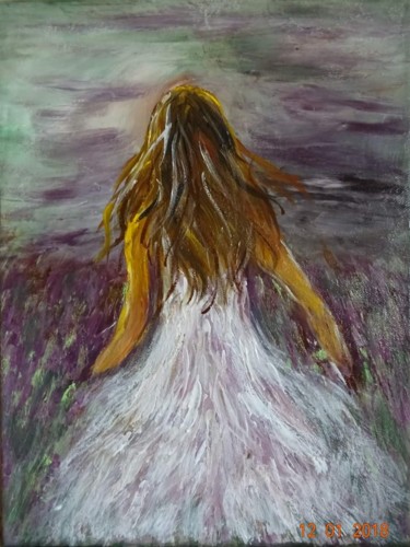 Painting titled ""Girl in the lavend…" by Chryss Art Studio, Original Artwork, Acrylic Mounted on Wood Stretcher frame