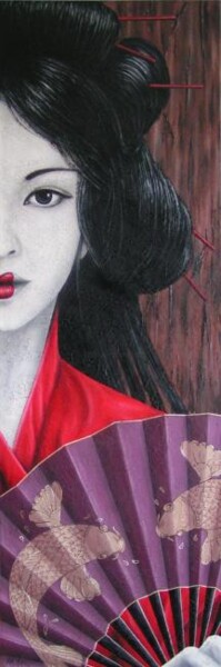 Peinture intitulée "Geisha à l'éventail…" par Chrystel Mialet, Œuvre d'art originale