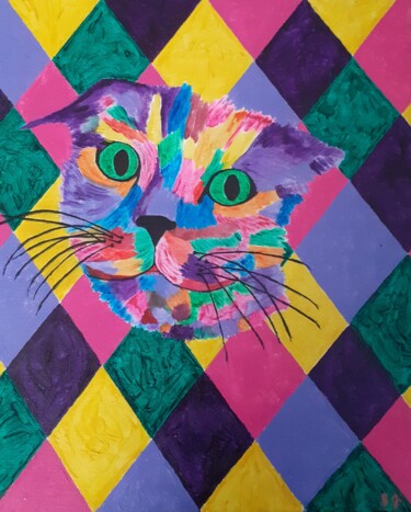 Painting titled "Le chat arlequin" by Chrystelle Jagoudel, Original Artwork, Acrylic