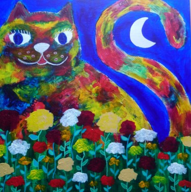 Painting titled "Chat Jardin" by Chrystelle Ragot, Original Artwork, Acrylic Mounted on Wood Stretcher frame