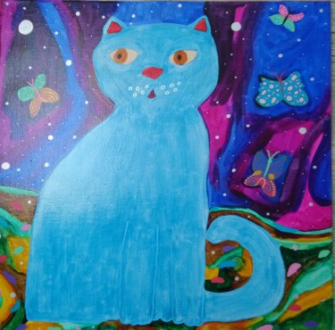 Painting titled "Chat lunaire" by Chrystelle Ragot, Original Artwork, Stained glass painting Mounted on Wood Stretcher frame