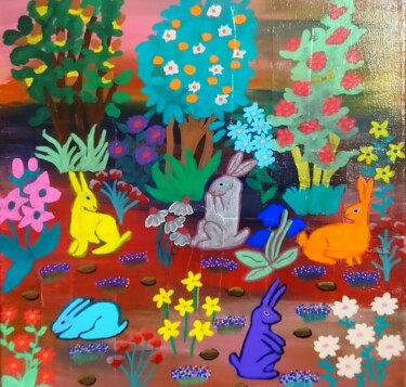 Painting titled "Les lapins de Dame…" by Chrystelle Ragot, Original Artwork, Acrylic