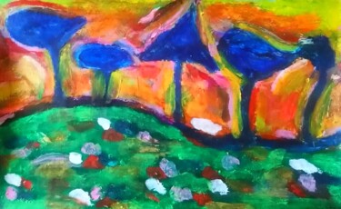Painting titled "Cinq arbres bleus" by Chrystelle Ragot, Original Artwork, Pastel