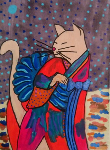 Drawing titled "Le chat Samouraï" by Chrystelle Ragot, Original Artwork, Acrylic