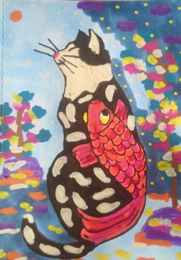 Dessin intitulée "Le chat Tatoué" par Chrystelle Ragot, Œuvre d'art originale, Acrylique