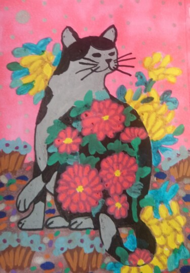Dessin intitulée "Fleur de chat" par Chrystelle Ragot, Œuvre d'art originale, Acrylique