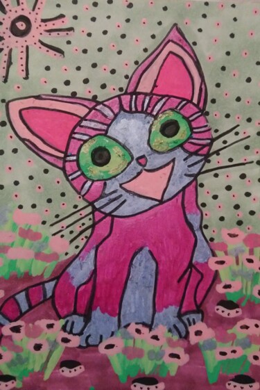 Dessin intitulée "The Cat" par Chrystelle Ragot, Œuvre d'art originale, Acrylique