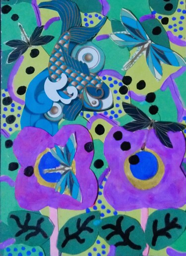 Collages intitulée "Poisson libellule" par Chrystelle Ragot, Œuvre d'art originale, Collages