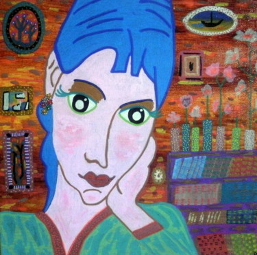 Painting titled "Blue Hair" by Chrystelle Ragot, Original Artwork, Other Mounted on Wood Stretcher frame
