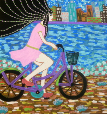 Peinture intitulée "Pentecôte à bicycle…" par Chrystelle Ragot, Œuvre d'art originale, Acrylique Monté sur Châssis en bois