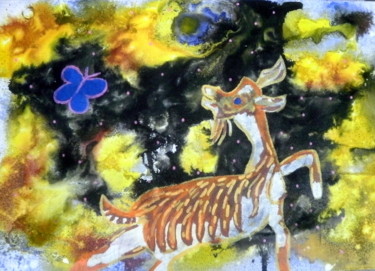 Peinture intitulée "La chèvre cosmique" par Chrystelle Ragot, Œuvre d'art originale, Autre