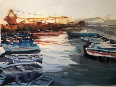 Orange evening at Famagusta marina. Картина под названием "Orange evening at F…" - Svetlana Kostina, Подлинное произведение искусства, Акварель