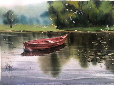 Картина под названием "Red boat" - Svetlana Kostina, Подлинное произведение искусства, Акварель