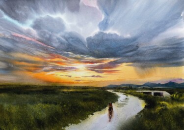 Schilderij getiteld "Gone with sunset" door Svetlana Kostina, Origineel Kunstwerk, Aquarel
