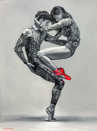 Malarstwo zatytułowany „Dancing Duo” autorstwa Chung Yau Shek, Oryginalna praca, Olej Zamontowany na Drewniana rama noszy