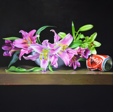 Painting titled "Lily and Coke" by Chung Yau Shek, Original Artwork, Oil Mounted on Wood Stretcher frame