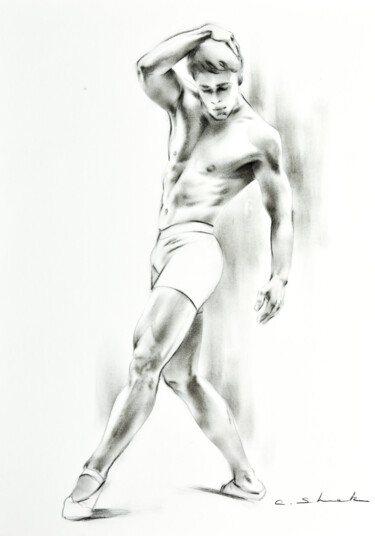 「Male Study 4」というタイトルの描画 Chung Yau Shekによって, オリジナルのアートワーク, 木炭