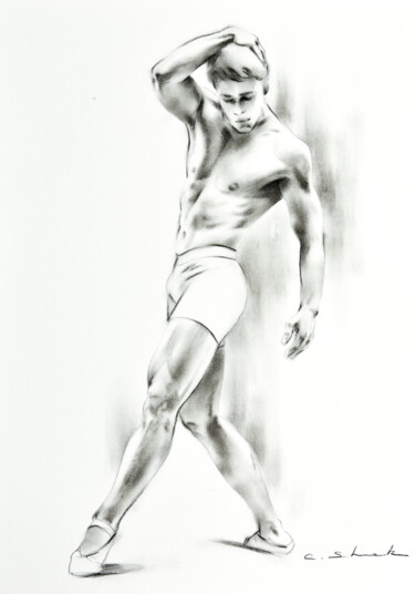 Tekening getiteld "Male Study 4" door Chung Yau Shek, Origineel Kunstwerk, Houtskool