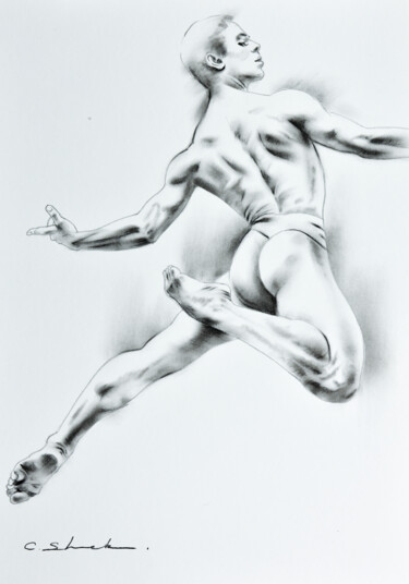 「Male Study 5」というタイトルの描画 Chung Yau Shekによって, オリジナルのアートワーク, 木炭