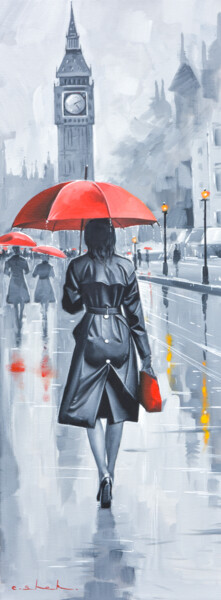 Ζωγραφική με τίτλο "London in the Rain 1" από Chung Yau Shek, Αυθεντικά έργα τέχνης, Λάδι Τοποθετήθηκε στο Ξύλινο φορείο σκε…