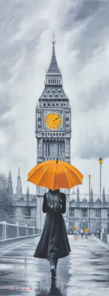 Painting titled "London in the Rain 2" by Chung Yau Shek, Original Artwork, Oil Mounted on Wood Stretcher frame