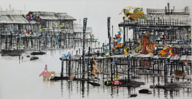 Disegno intitolato "Fishing Village 渔村" da Chunlei Zhang, Opera d'arte originale, Inchiostro