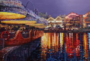 Malerei mit dem Titel "Clarke Quay at Night" von Chunlei Zhang, Original-Kunstwerk, Öl