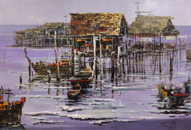 Pittura intitolato "Fishing village res…" da Chunlei Zhang, Opera d'arte originale, Olio Montato su Telaio per barella in le…