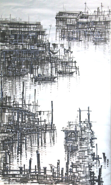 Zeichnungen mit dem Titel "Fishing Village 印象渔村" von Chunlei Zhang, Original-Kunstwerk, Tinte