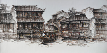 Dibujo titulada "Old Town 忆江南" por Chunlei Zhang, Obra de arte original, Tinta