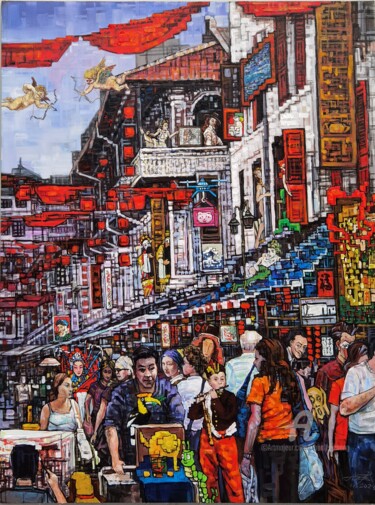 Pintura intitulada "Chinatown牛车水" por Chunlei Zhang, Obras de arte originais, Óleo