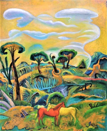 Peinture intitulée "Two horses  2872" par Chuzhik, Œuvre d'art originale, Huile