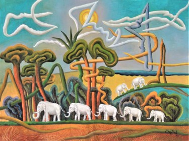 Pittura intitolato "Landscape with elep…" da Chuzhik, Opera d'arte originale, Olio