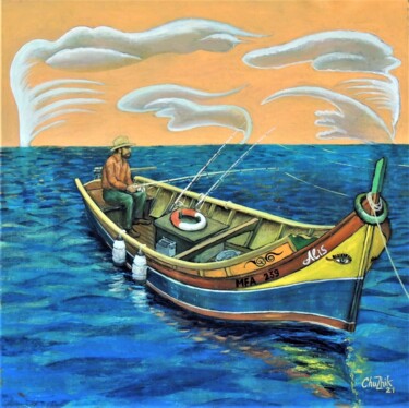Painting titled "Seascape with boat…" by Chuzhik, Original Artwork, Oil