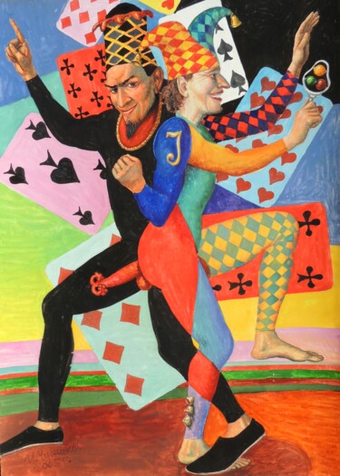 Painting titled "0221  The Joker" by Chuzhik, Original Artwork, Gouache