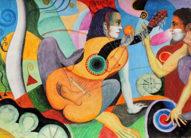 Pintura titulada "0212 Woman guitar" por Chuzhik, Obra de arte original, Gouache