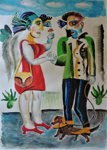 Painting titled "4-04  Man &dog" by Chuzhik, Original Artwork, Gouache
