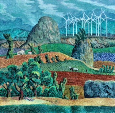 Schilderij getiteld "Пейзаж с ветрогенер…" door Chuzhik, Origineel Kunstwerk, Olie