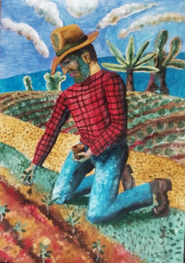 Pintura titulada "Человек сажает куку…" por Chuzhik, Obra de arte original, Gouache