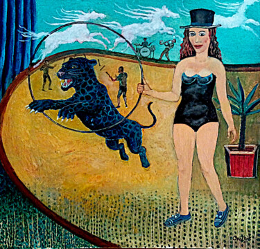 Schilderij getiteld "Укротительница тигр…" door Chuzhik, Origineel Kunstwerk, Olie