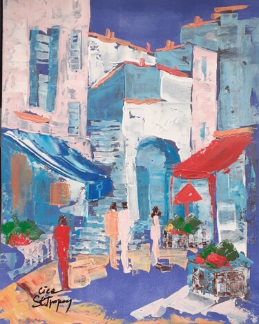 Painting titled "Marché aux poissons…" by Cica, Original Artwork, Acrylic