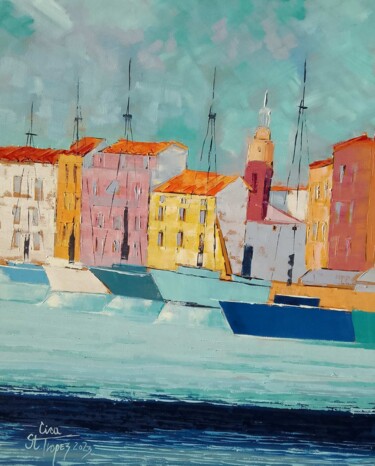 Painting titled "Port Saint Tropez 5" by Cica, Original Artwork, Oil