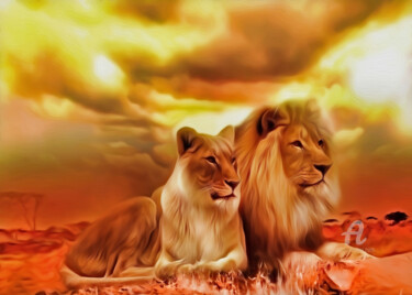 Artes digitais intitulada "Casal de leões" por Ciezar, Obras de arte originais, Pintura digital