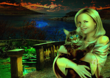 Digital Arts titled "Aura e seu gato Giz…" by Ciezar, Original Artwork, Photo Montage