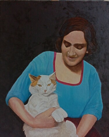 Schilderij getiteld "Signora con gatto" door Cigno, Origineel Kunstwerk, Olie