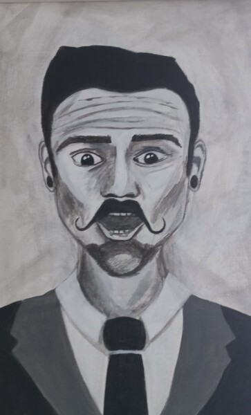 Malerei mit dem Titel "Monsieur Moustache" von Cindy Airiau, Original-Kunstwerk, Acryl Auf Holzplatte montiert