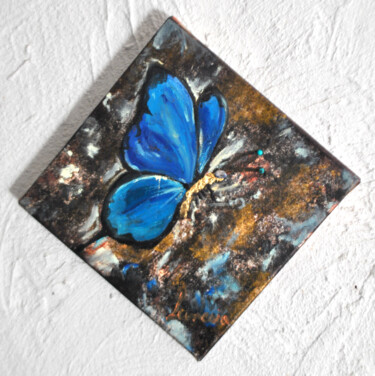 Painting titled "Le Morpho" by Cindy Druelle - Crespel (Lunesia), Original Artwork, Oil Mounted on Wood Stretcher frame
