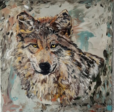 Peinture intitulée "Akela : Loup gris" par Cindy Druelle - Crespel (Lunesia), Œuvre d'art originale, Huile Monté sur Châssis…