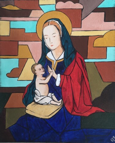 Painting titled "Vierge à l'enfant" by Cindy Le Boucher, Original Artwork, Acrylic Mounted on Wood Stretcher frame