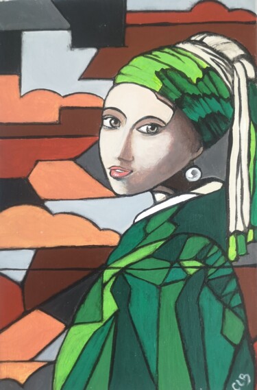 Pittura intitolato "Jeune fille à la pe…" da Cindy Le Boucher, Opera d'arte originale, Acrilico Montato su Telaio per barell…